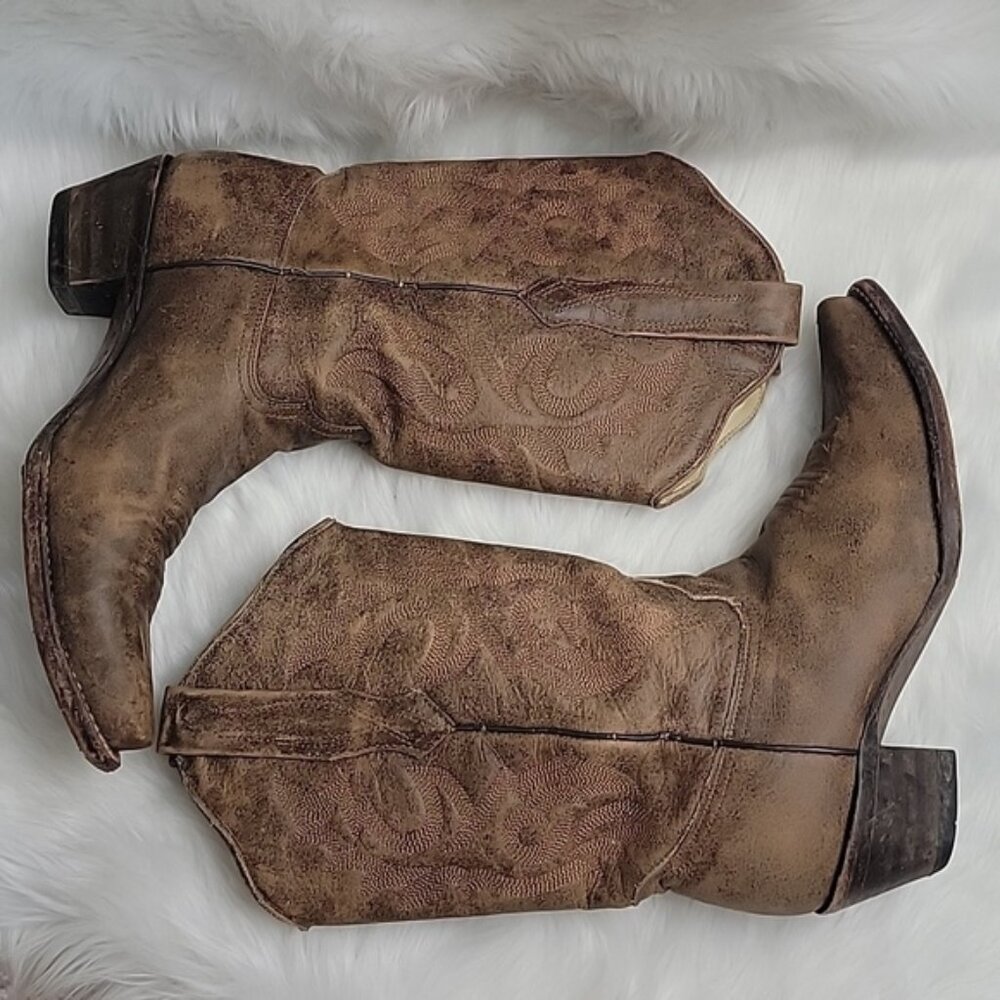 CORRAL Naham Distressed Brown Leather Mid Calf Snip Toe Western Cowgirl Boots 7M